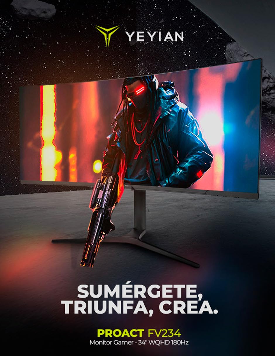 YEYIAN Proact FV234 - Monitor da gioco da 34", curvato WQHD (3440 x 1440), pannello VA 180Hz, 1ms, FreeSync & G-Sync, 92% NTSC, connettività DP1.4 e HDMI 2.0