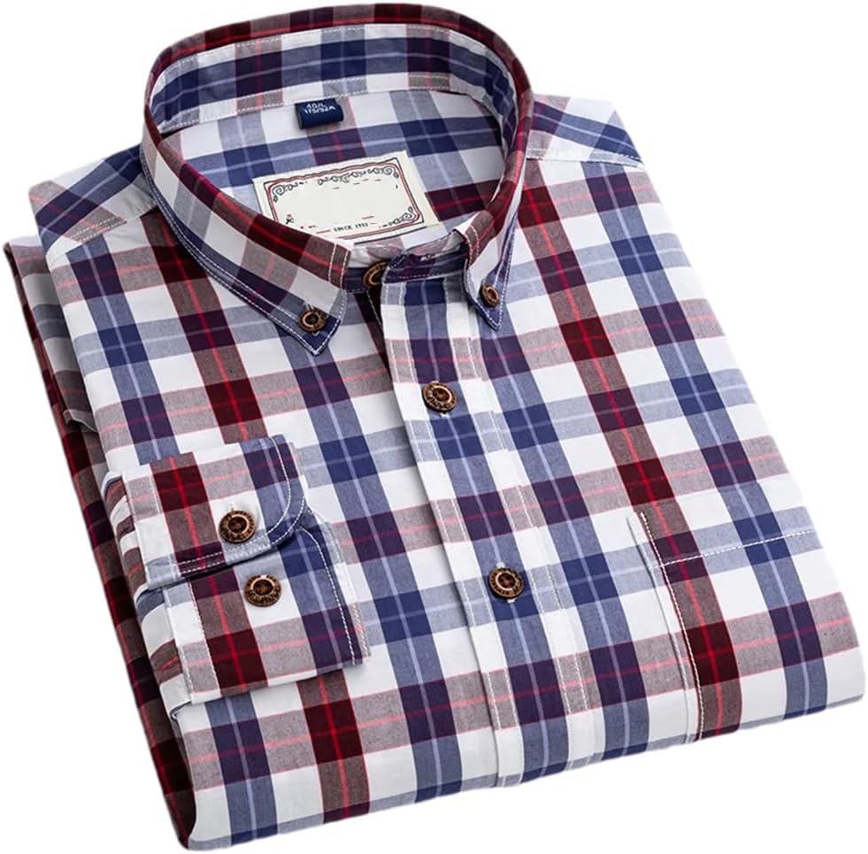 Adhdyuud Men Casual 100% Cotton Plaid Shirts Spring Business Long Sleeve Classical Checked Soft Shirt