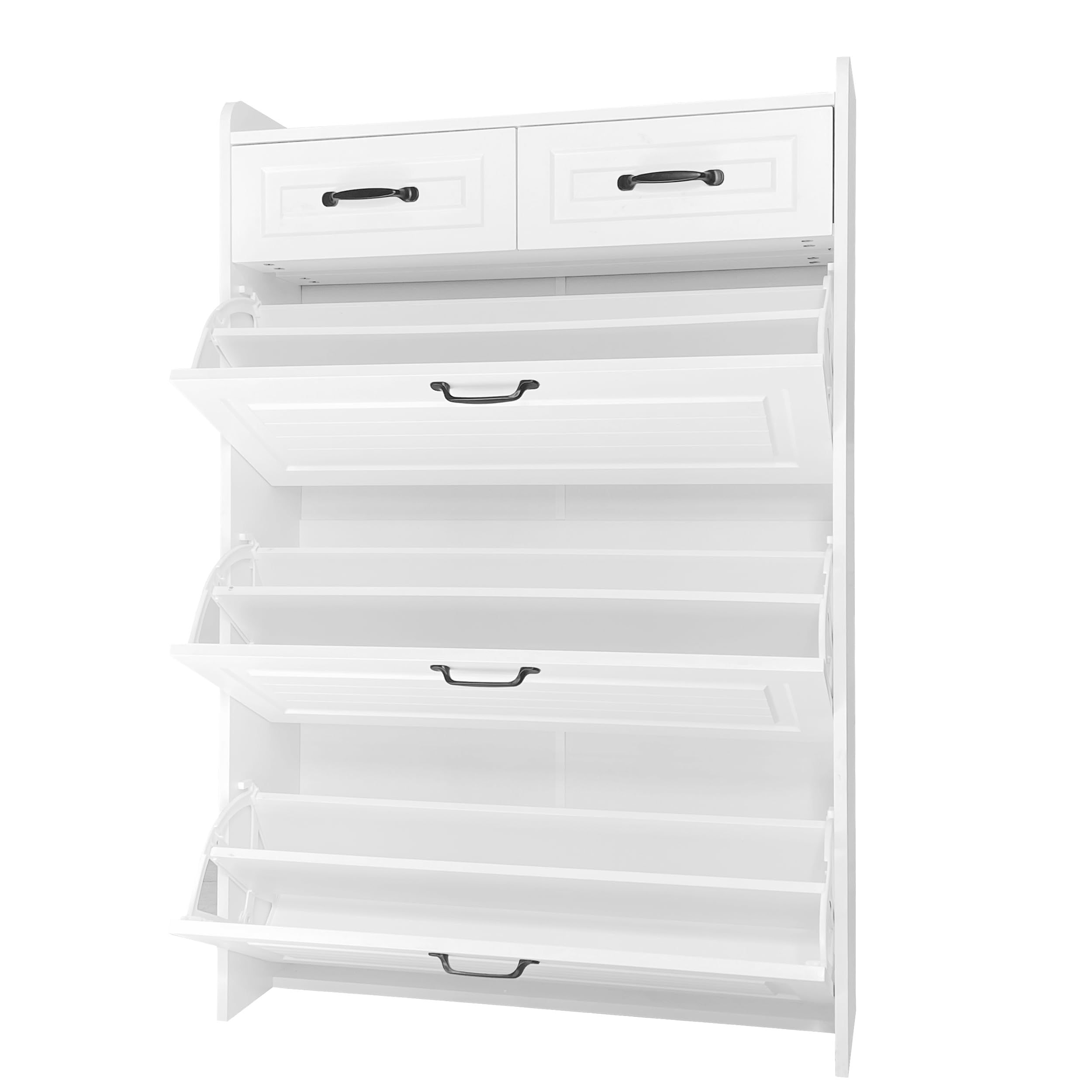 Goeria Zapatero con Zapatero Giratorio, 3 Estantes Giratorios, 2 Cajones, Madera, Blanco, 80L x 120H x 23.5B, Adecuado para Zonas de Entrada y Salón