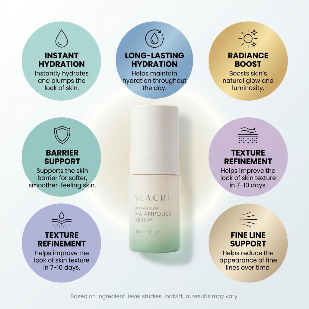 SEACRET Bio Skin Glow 4D Hyaluronic Acid Serum for Face - Glass Skin Hydrating Ampoule with Peptides & Fermented Dead Sea Minerals, Non-Sticky, Fast-Absorbing, 1 Fl Oz
