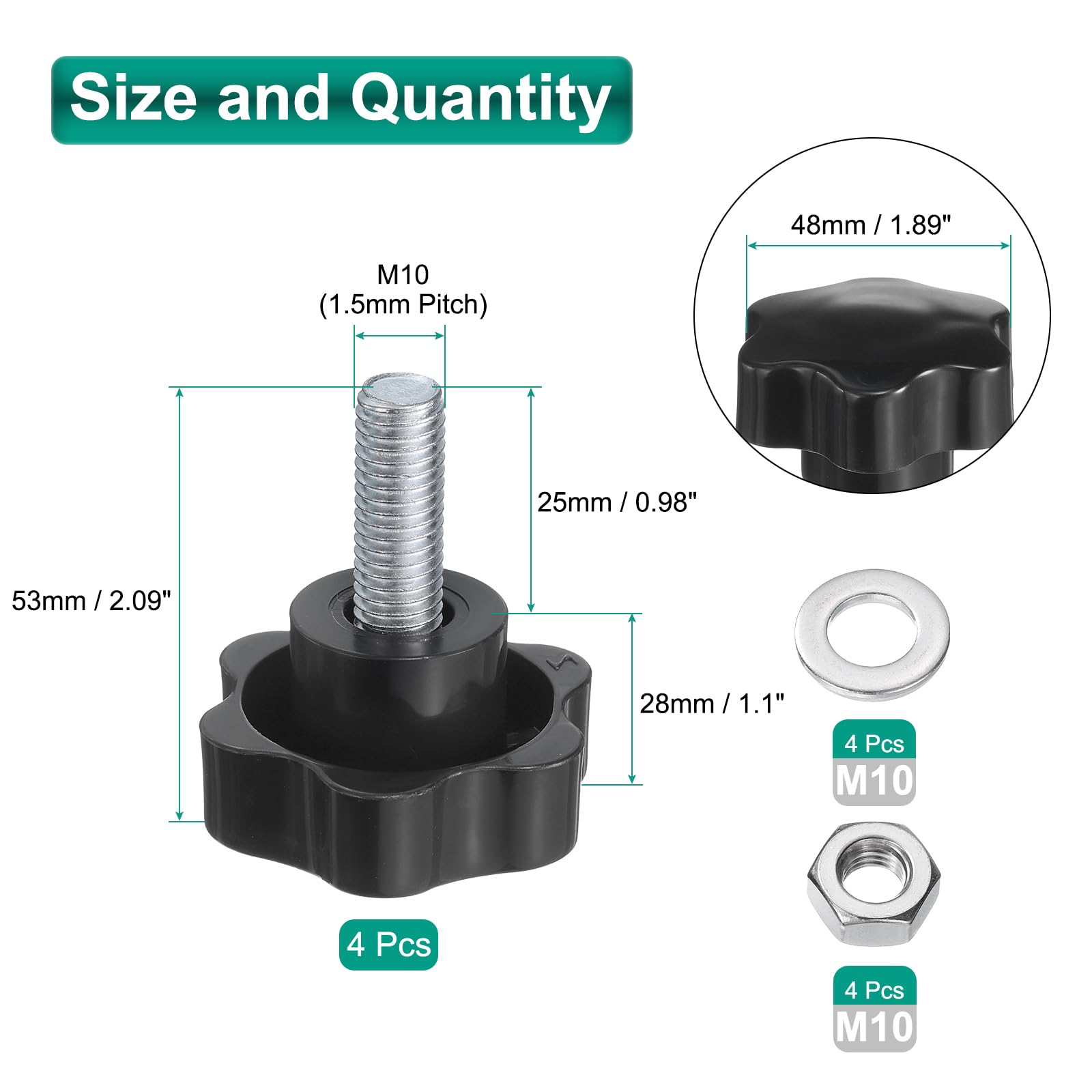 uxcell 4pcs Star Clamping Knobs with Nuts Washers, M10 x 25mm Metric Zinc Plated Carbon Steel Male Thread 48mm 6-Star Plastic Head, Threaded Stud Hand Knobs Handles Thumb Screws, Black