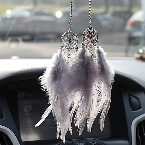 Miniatura 5 de Colgante de espejo retrovisor para automóvil, atrapasueños de plumas, dije de cristal, accesorios decorativos para automóvil para mujer (rosa)