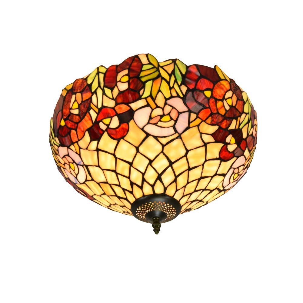 HPTHLY Stained Glass Ceiling Lighting 40Cm Tiffany Style Stained Galss Ceiling Lamp Colored Clematis Glass Fixture Indoor Ceiling Lamps And Lanterns For Bed Aisle Balc