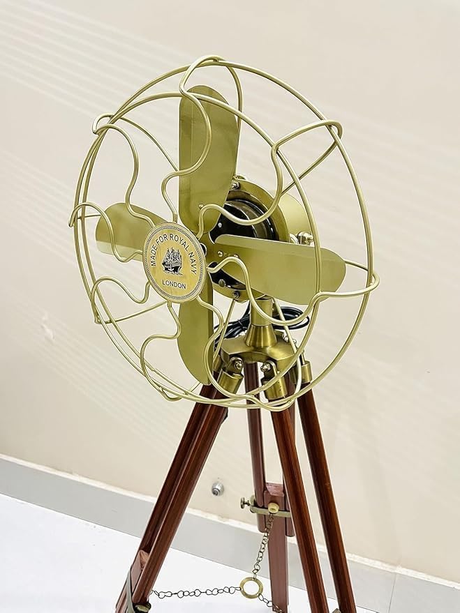 Antique Brass Finish Floor Fan with Adjustable Brown Wooden Tripod Stand Vintage Style Fan For Home & Office Decor Item