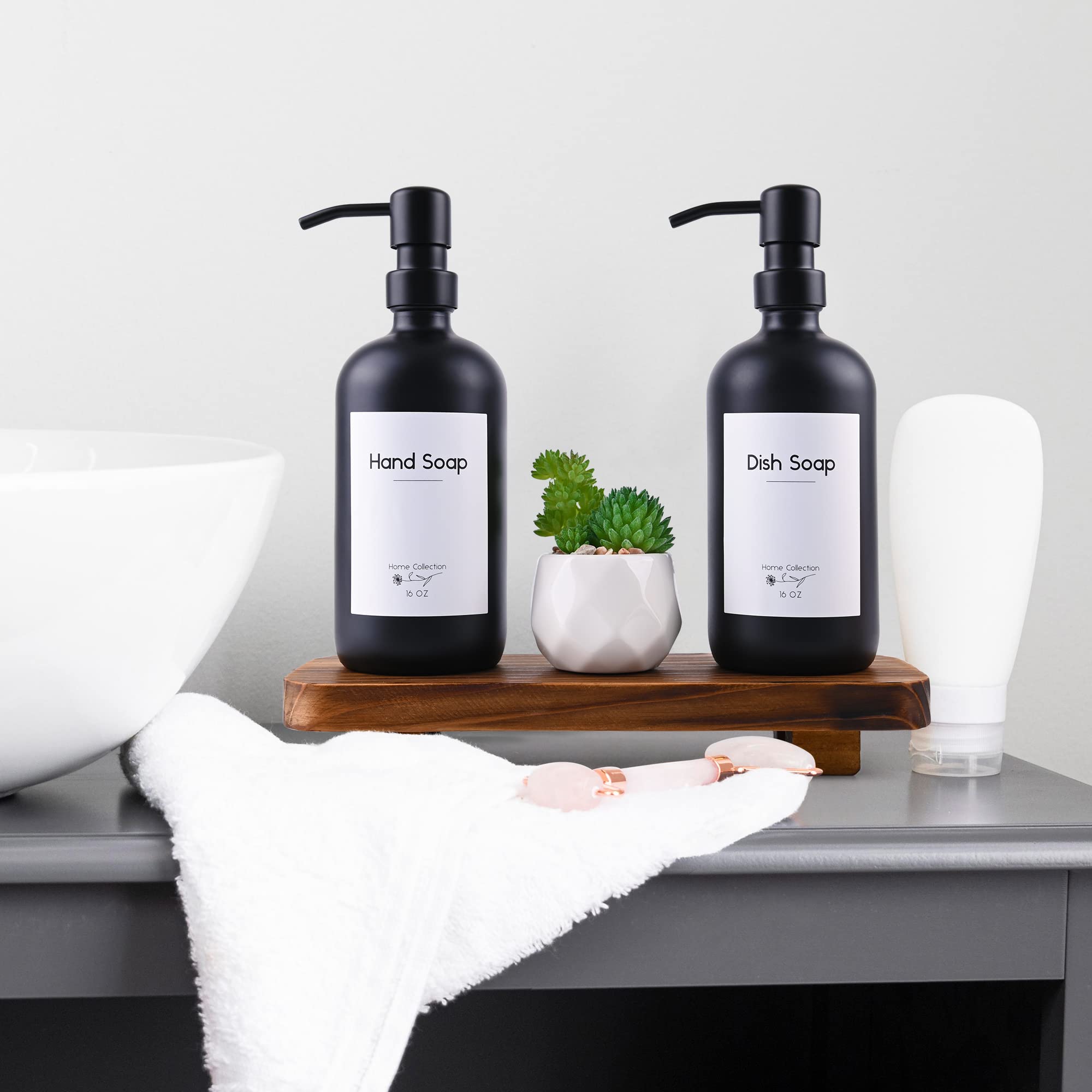 Halomoon Glass Soap Dispenser with Riser 16.9 OZ Hand Dish Soap Dispenser with Pump for Farmhouse Home Kitchen and Bathroom Decor Hand Dish Soap Dispenser Set (Black Bottle with Black Pump)