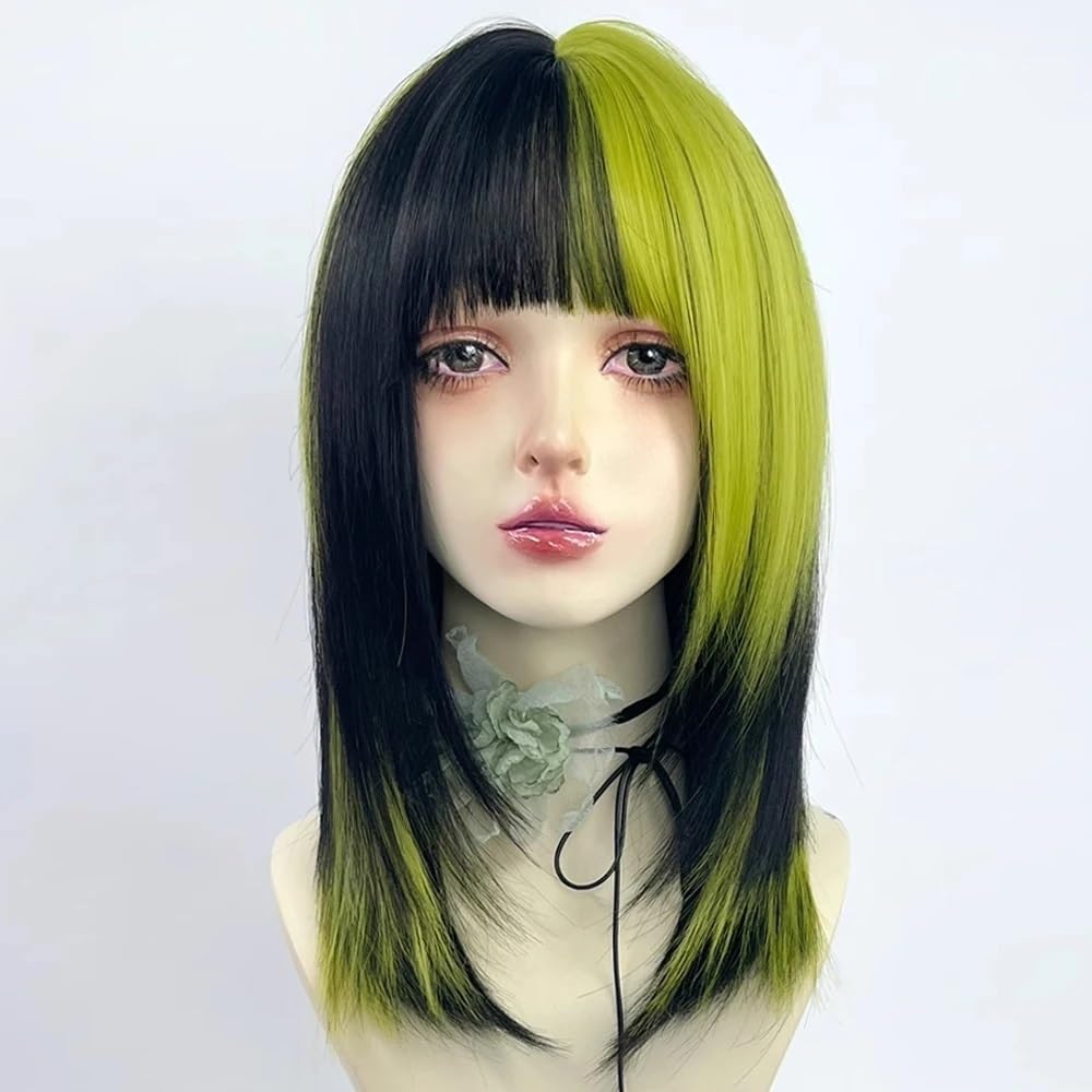 Parrucche realistiche Parrucca sintetica a strati, corta e liscia, con mèches nere, verdi viola, frangia, soffice Acconciatura femminile(Green)
