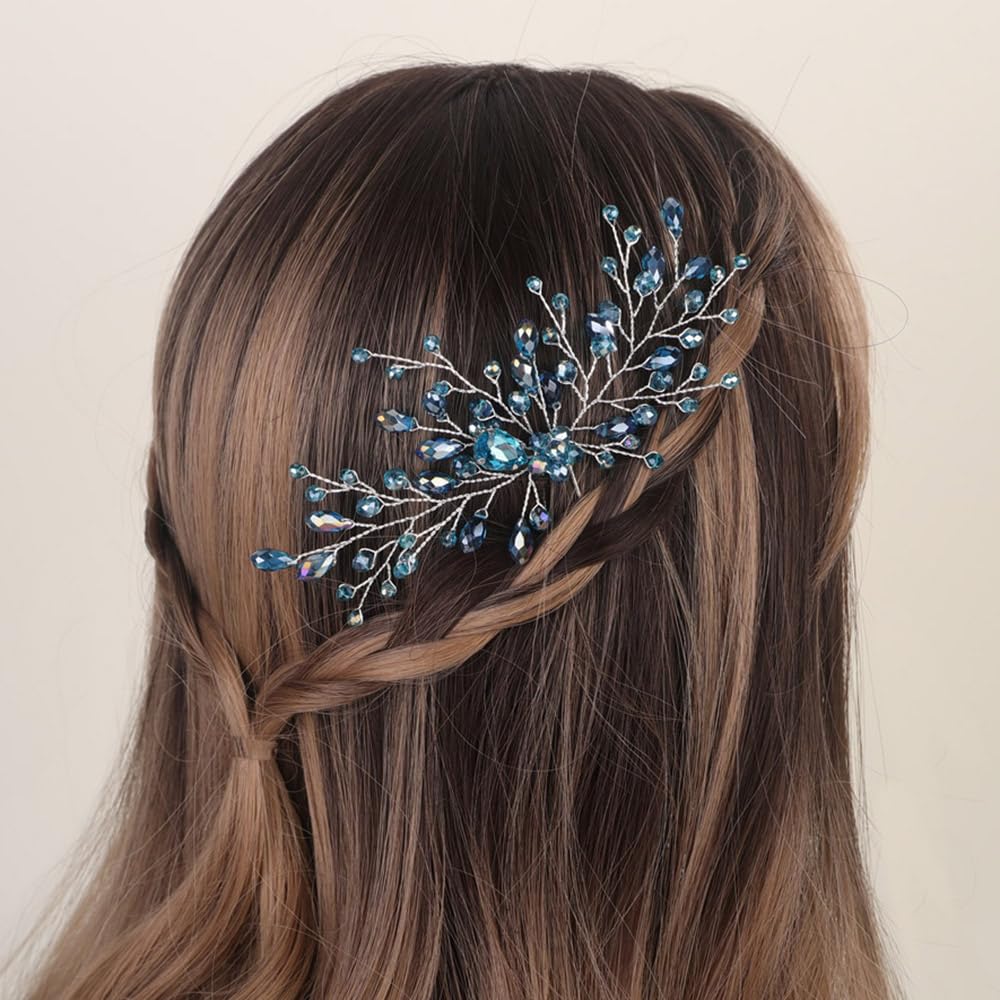 Aimimier Bridal Crystal Hair Pins Classical Wedding Back Comb Prom Party Festival Hair Accessories for Women(Blue)