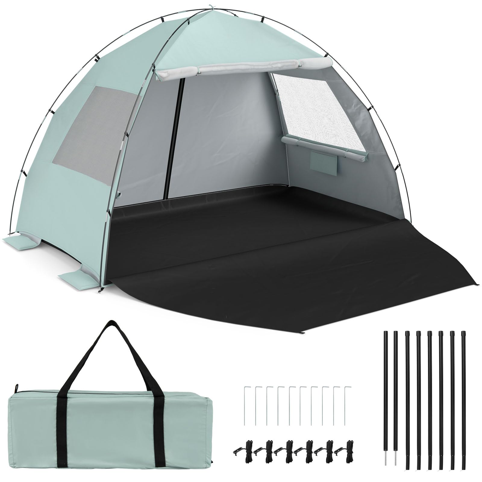 COSTWAY Strandmuschel mit Vordach, Strandzelt UV-Schutz 50+ mit Reißverschlusstüren & Netzfenstern, Zelt für 5-6 Personen inkl. Tragetasche & Heringe (260 x 150 x 160 cm,Grün)