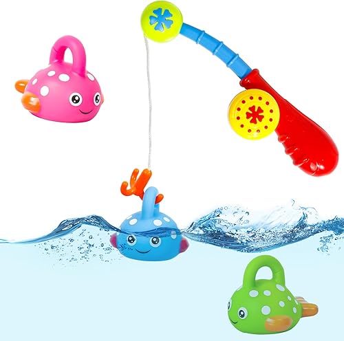 Juego de pesca para ducha y baño con lindos peces con manchas y caña de pescar color cambia