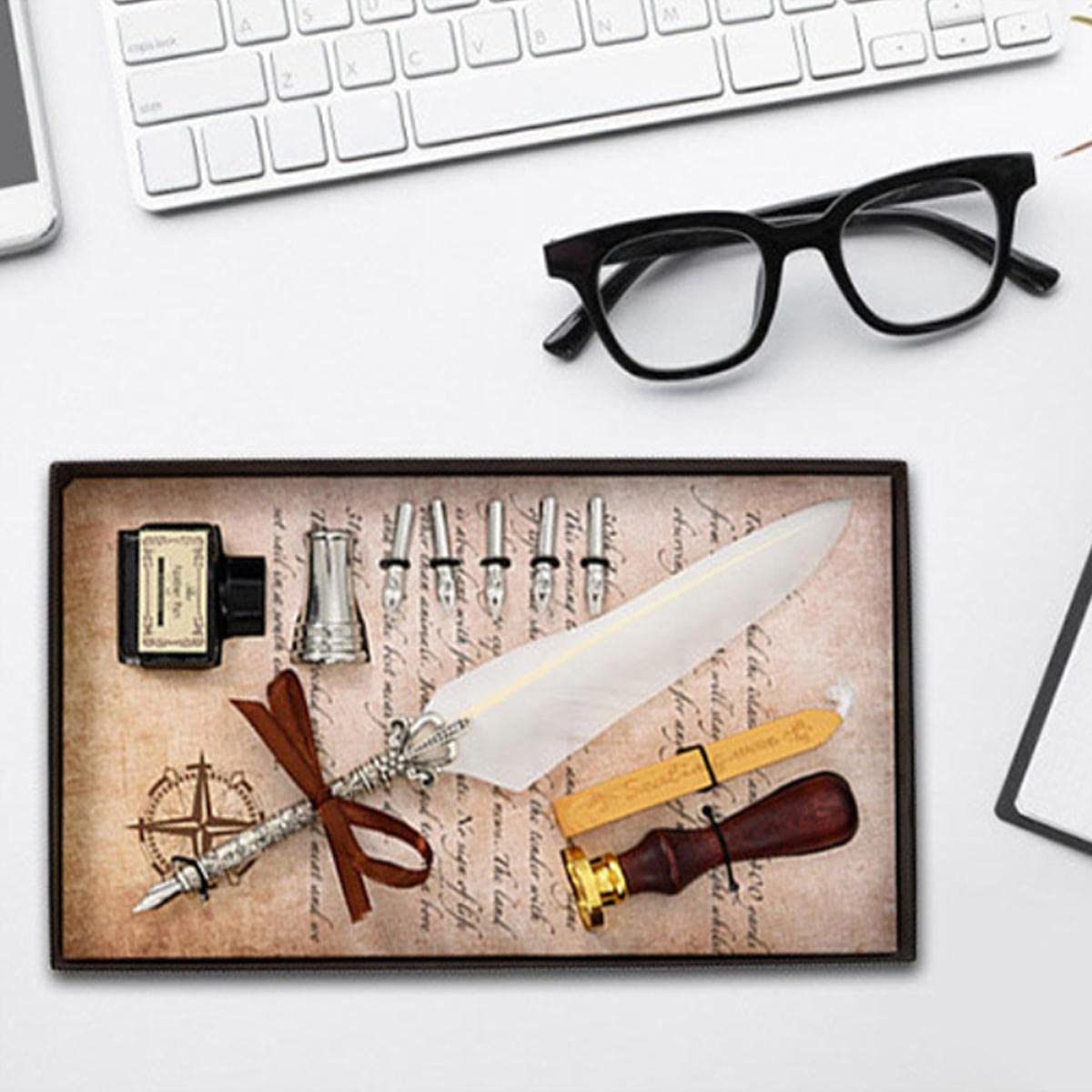 Set Di Penne A Immersione Con Timbro E Cera - Kit Scrittura Vintage In Scatola Europea (Verde Scuro Perlato)