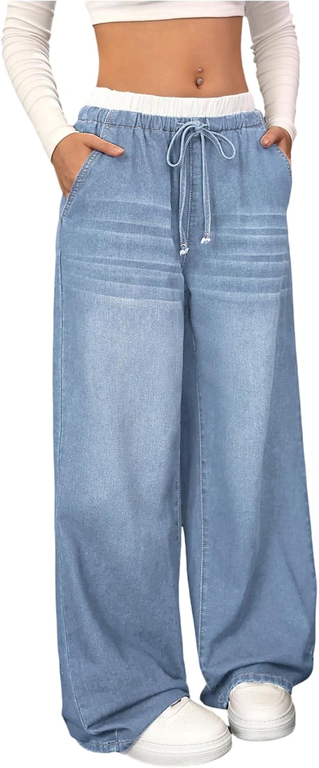GORGLITTER Girl's Baggy Jeans Wide Leg Low Rise Double Waisted Denim Pants Cute Y2K Boyfriend Skater Trousers Streetwear