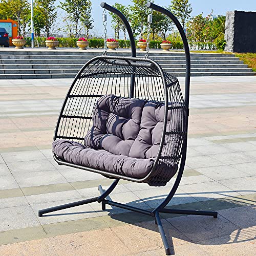 Brafab Luxury X-Large Double Egg Swing Chair 2 Person Hanging Chair Hand Made Rattan Wicker Hammock Chair With Stand And Uv Resistant Grey Cushion, Aluminum Frame, For Outdoor Garden Patio Porch #TOP3