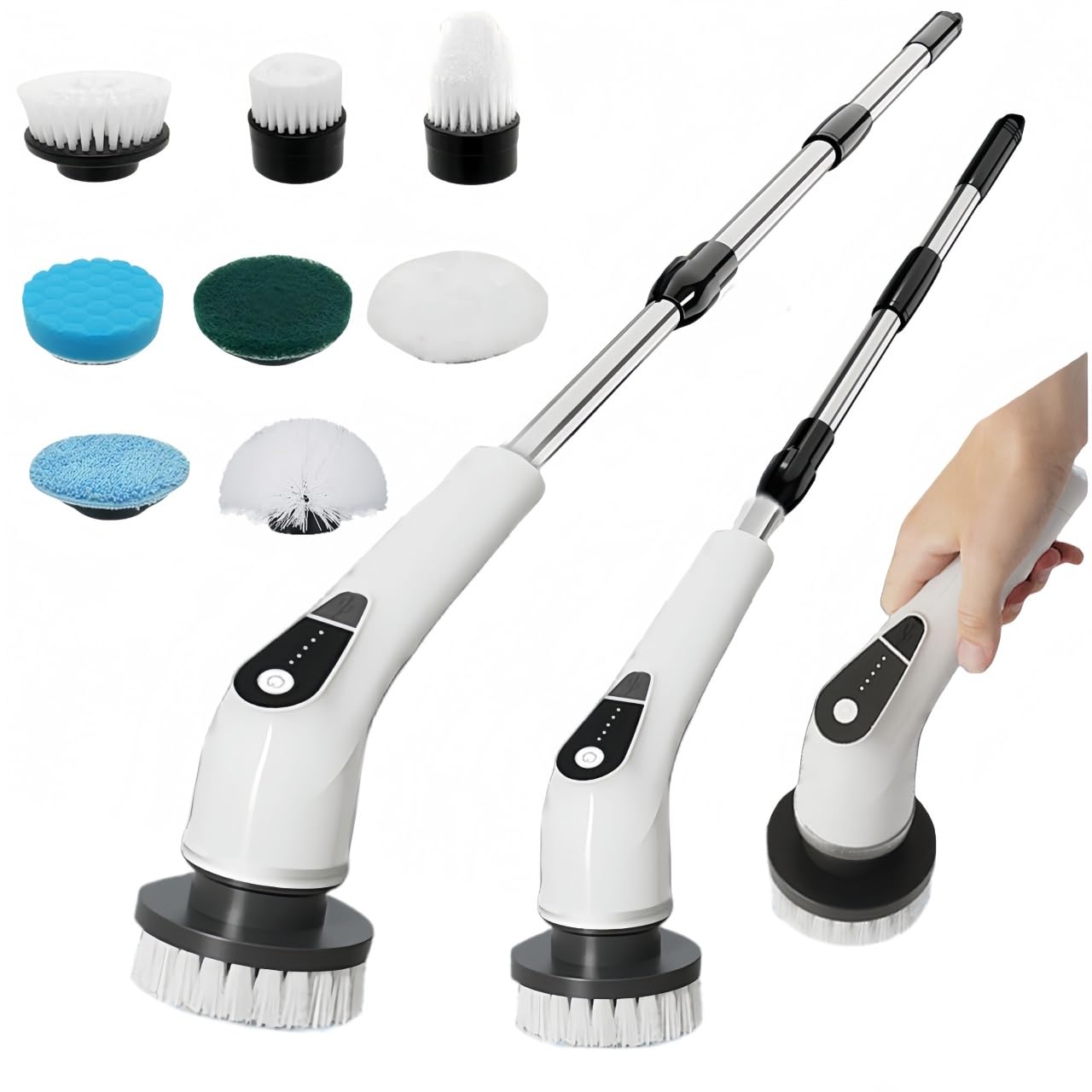 Electric Spin Scrubber Cordless - 8 Brush Heads, 5-Speed Settings, Adjustable Extension Handle for Bathroom, Kitchen, Tile, Bathtub & Floor Cleaning