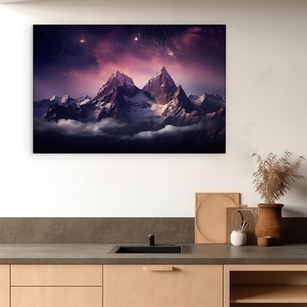 Canvas for Living room. Majestic Snow Peaks and Starlit Skies - A Night of Purple Hues and Celestial Wonder, 27 x 18 inch Canvas Wall Art - Modern Home Decor - 69x46 cm (27x18 inch)