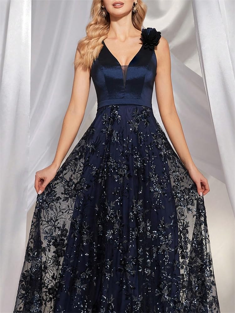 Vestido de Graduación para Mujeres Elegante Vestido de Noche con Escote en V y Flores Doradas, Largo de Gasa sin Mangas for Mujer, Vestido de Fiesta, Vestido de cóctel de graduación(Blue,S)