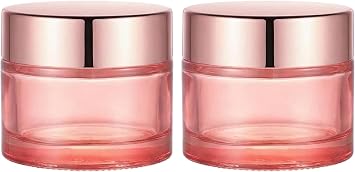 2 PCS 50ml /1.7oz Empty Pink Glass Cream Jars Pots Cosmetic Jars with Rose-Golden Cover and Inner Liner Refillable Makeup Sample Packing Face Cream Eye-shadow Moisturizer Emulsion Bottles Containers