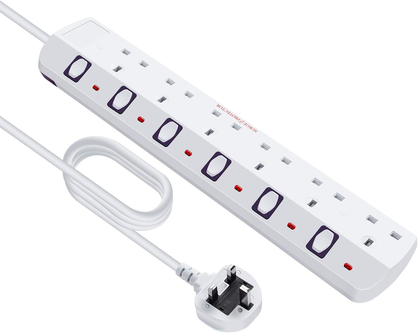 2M 6 Way individual Switch Power Surge Protection Extension Lead, Strip