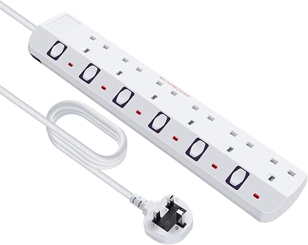 2M 6 Way individual Switch Power Surge Protection Extension Lead, Strip-6Gang-2M 6Way-White