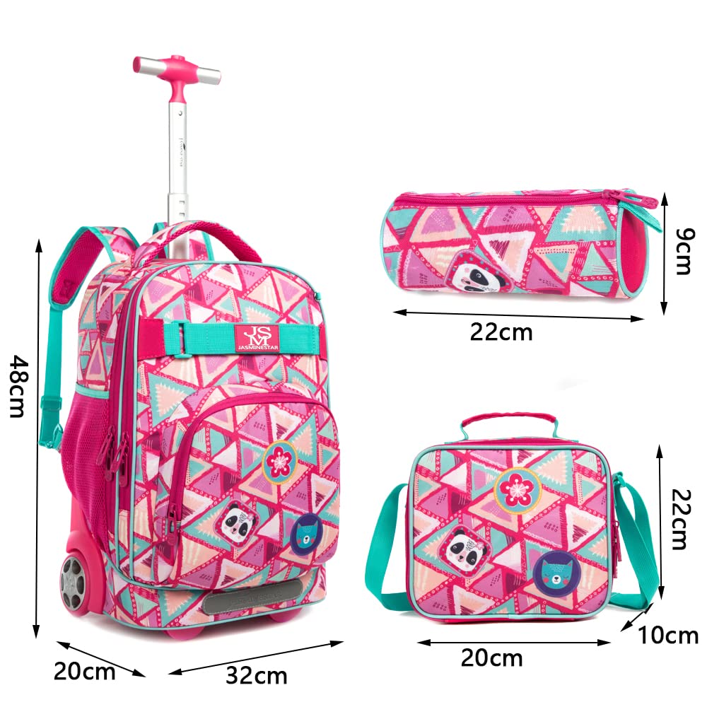 HTgroce Zaino con rotelle Panda Zaino con rotelle per bambini Ragazze Bagagli da viaggio per il tempo libero Zaino scuola 3 in 1, borsa per il pranzo, borsa per matite