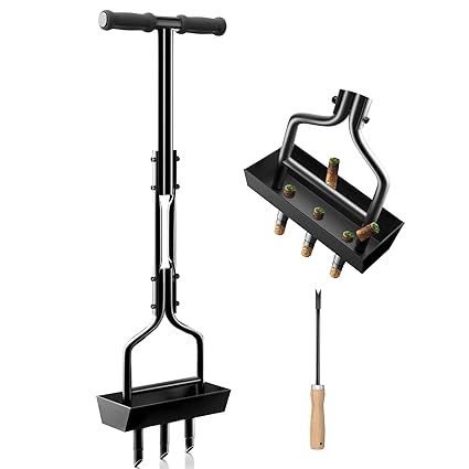 Nucyky Manual Lawn Aerator Tool with Storage Tray for Soil Core Yard Tools Lawn Care with 3 Tines & Clean Tool Lawn Plug Aerator for Compacted Soil Garden Yard Lawn Care, 37.6