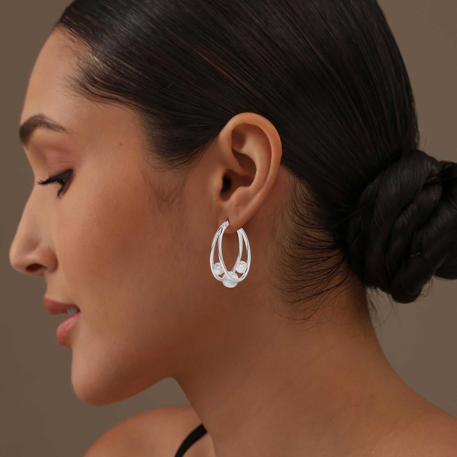 LeCalla 925 Sterling Sliver Pearl Hoop Earrings for Women | Pearl Double Oval Hoop Earrings Jewelry | Available in Rose Gold, Gold & Silver Plated Finish - Image 2