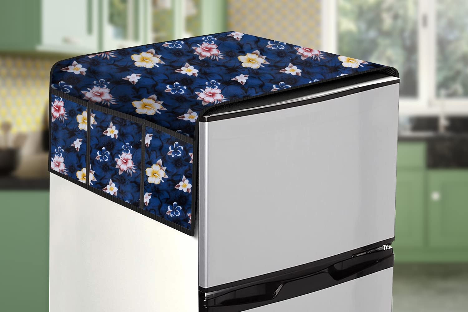 StylistaDust & Stain Free Waterproof Fridge/Refrigerator Top Cover 39x22 Inches (LxW) with 6 pockets Floral pattern blue