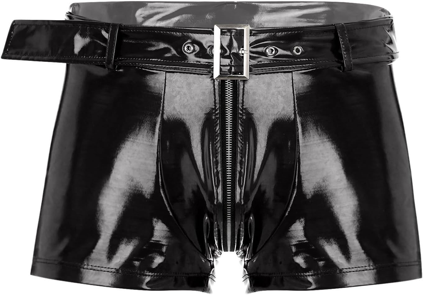Men's Faux Leather Shorts Glossy Boxer Briefs Zipper Pouch Hot Pants Party Dance Costume