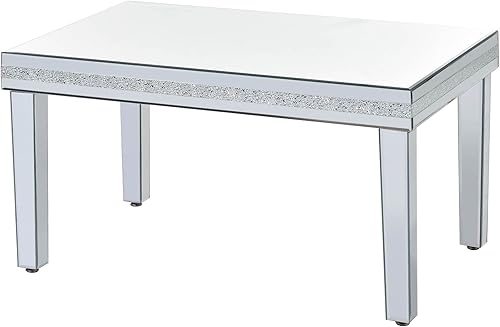 Miniatura 3 de LUMISOL Mesa auxiliar de cristal con espejo con 2 cajones mesa rectangular plateada con asas de cristal y patas de altura ajustables mesa de cóctel