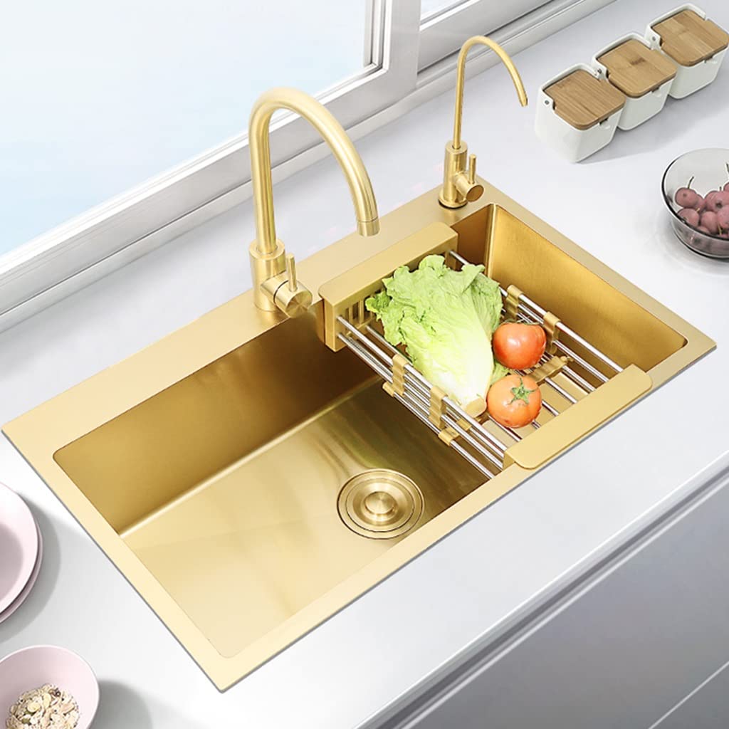 Lavello da Bar da Cucina, Vasca Singola, in Acciaio Inox 304, per Camper, Montaggio sopra o sottopiano, con Ampia Curva e cestello di Scarico (Oro 45x40x21 cm)