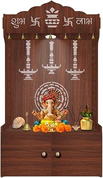 Divine Timeless Wooden Temple for Home with Inbuilt Focus Light & Spacious Shelf - Brown Finish
