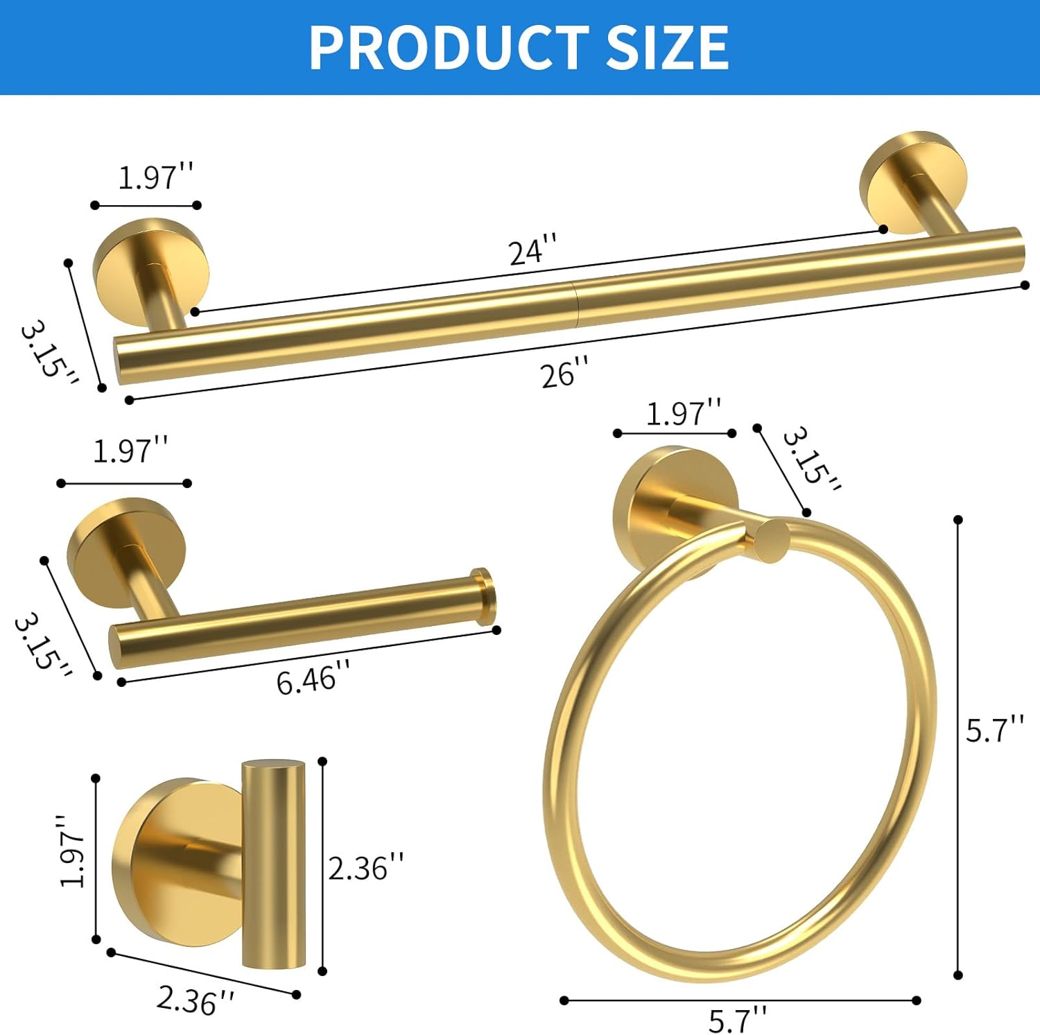 Brushed Gold Bathroom Accessories, Bathroom Hardware Set, SUS304 Stainless Steel Bathroom Towel Holder Set, 24 Inch Towel Bar Set 5 Pcs, 2 Towel Hooks, Toilet Paper Holder, Towel Ring