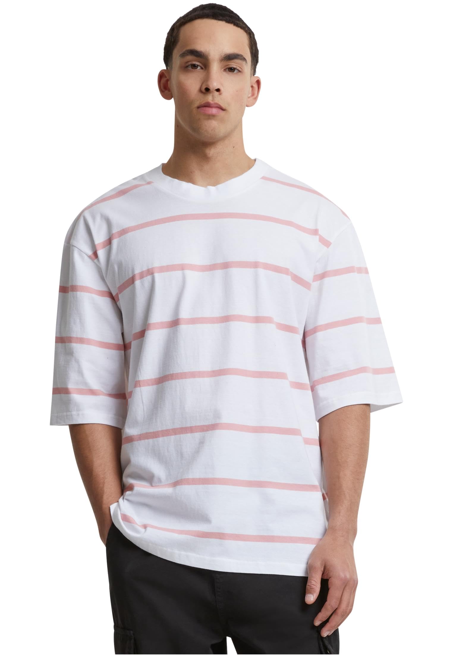 Urban Classics Men's Oversized Sleeve Modern Stripe Tee White/Lemon Pink L, White/Lemonade Pink, L