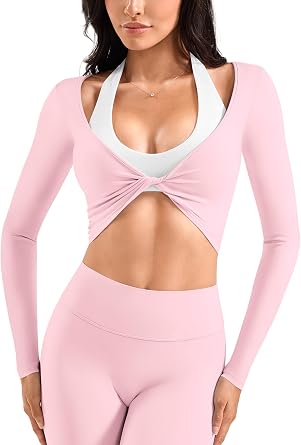 ZAAYO Long Sleeve Crop Top with Twist Front Women's Sports Gym Tops