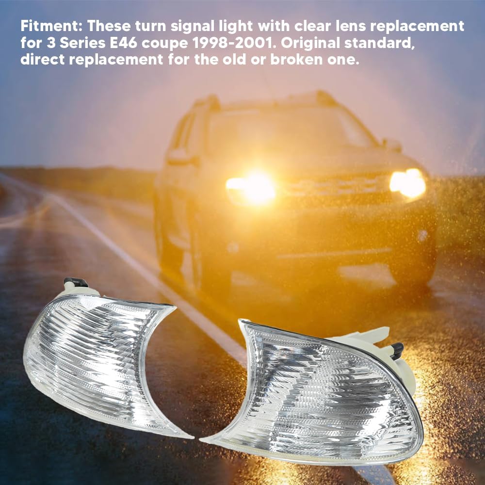 Front Corner Lights Left Right Turn Signal Corner Light Car Park/Signal Lights Replacement Headlight Assembly for 3 Series E46 Coupe 1998 to 2001 (white 63126904307 63126904308)