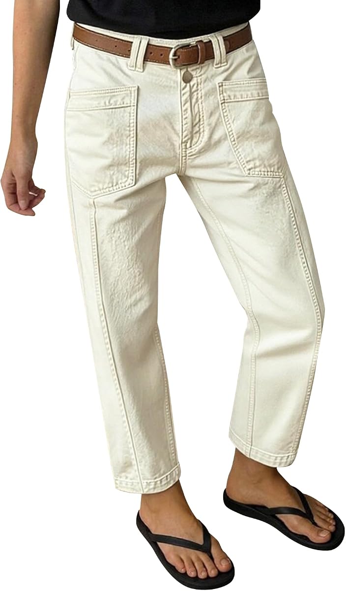Pantalones dobles lisos de talle alto y pierna recta de Flamencos | Pantalones con bolsillos de parche, pantalones de pierna recta para mujer, cintura alta, comodidad elástica, elásticos