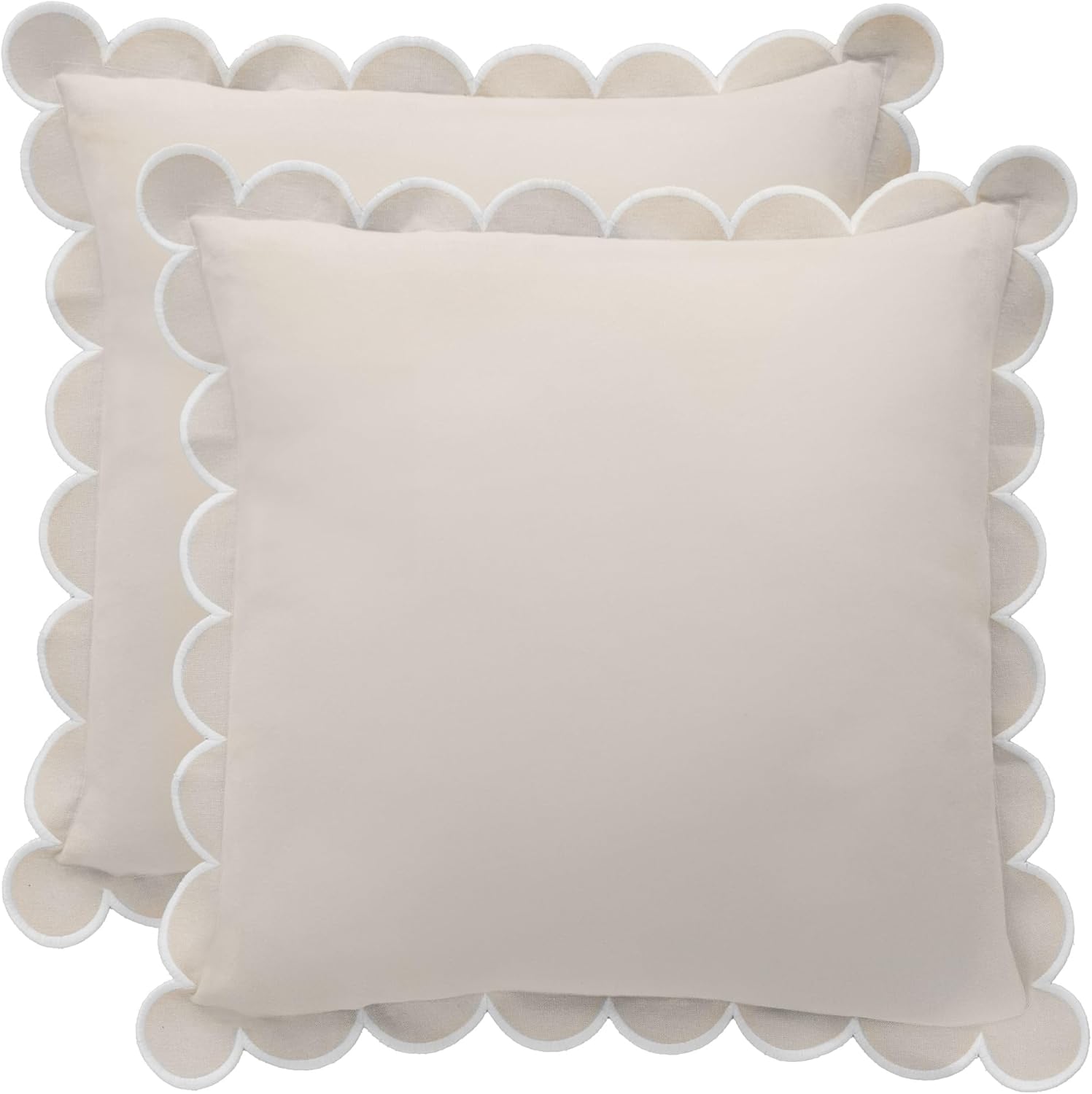 BEBE BASK Scalloped Pillow Cover - Set of 2 - 18 x 18 Inch - Scallop Pillow Cover Natural/White/Beige - 100% Cotton - Grandmillennial Style