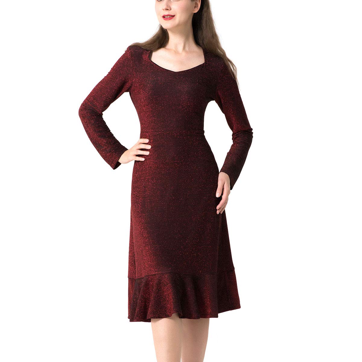 Laraine Women's Elegant V Neck Long Sleeve Ruffle Evening Cocktail Glitter Bodycon A-Line Midi Dress Burgundy