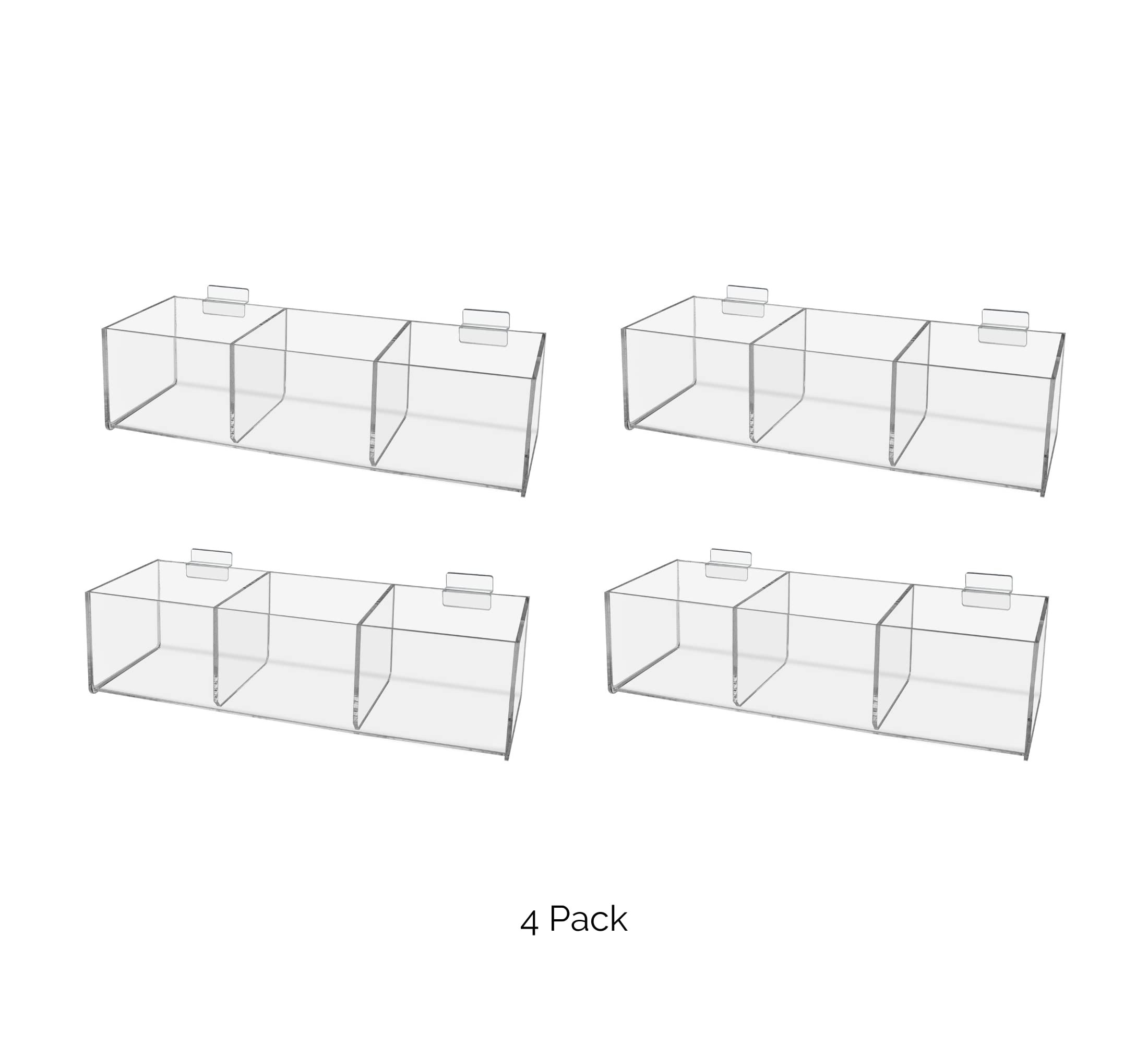 Marketing Holders 4 Pack Slatwall Acrylic Retail Tray 3 Compartment Product Merchandise Storage Organizing Basket for Homes and Retail Shops