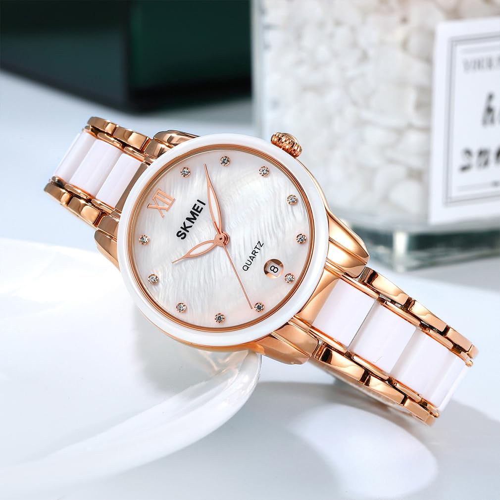 SKMEI Montres pour femmes mode robe luxe dames femme simple d'affaires étanche céramique inoxydable analogique quartz élégant or blanc montre-bracelet
