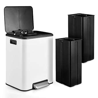 Rectangular Hands-Free Dual Compartment Recycling Kitchen Step Trash Can with Soft-Close Lid, Stainless Steel 2 x 4 Gal 2 x 15L Garbage Can, Plastic Inner Buckets and Hinged Lids, Airtight