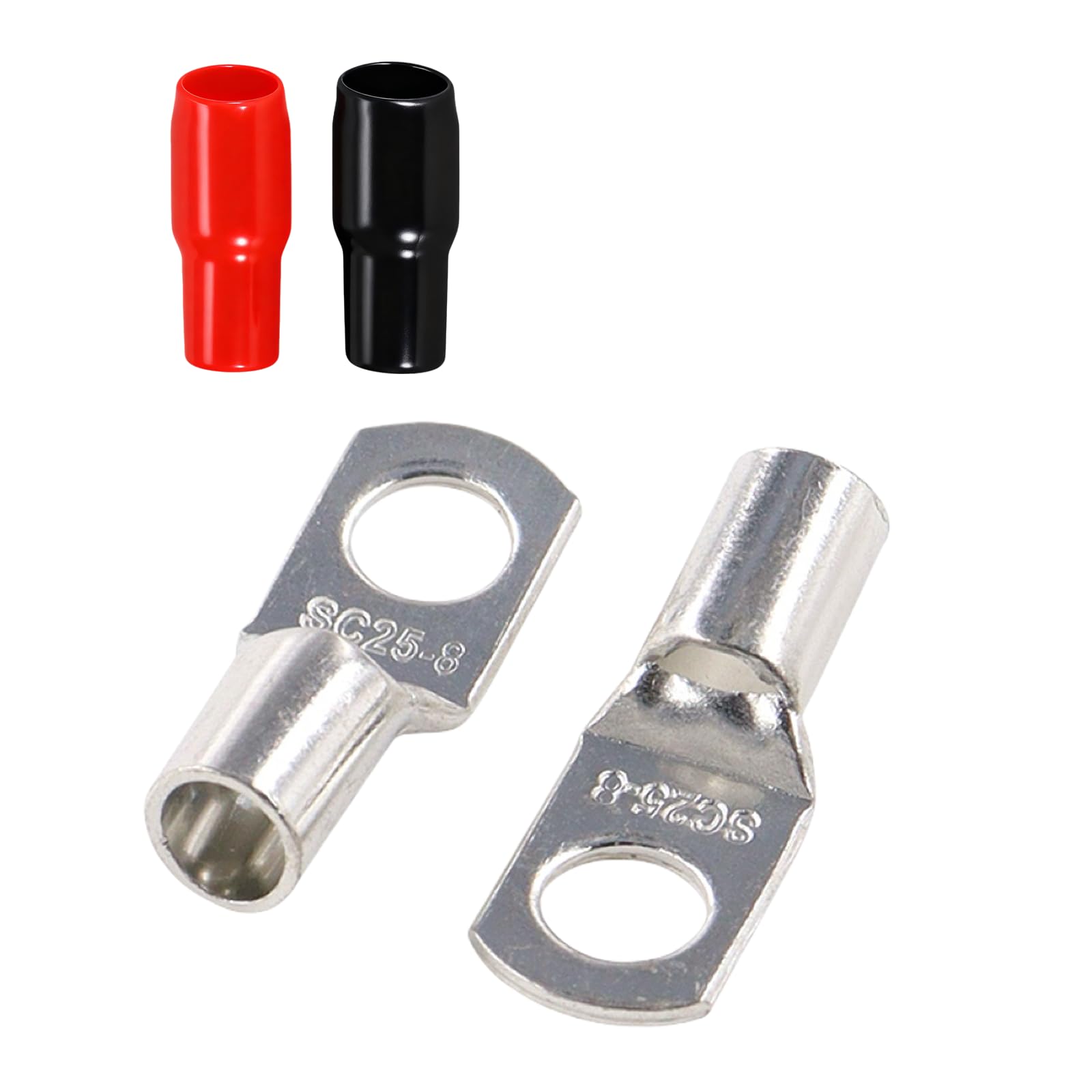 Joyelec Sc25-8H 7Set Sc25-8 Tinned Copper 25Mm² Cable Lugs M8 Battery Sc Bolt Hole Ring Crimp Terminals Connectors For Electric, Auto, Boat, Car,Battery Cable Ends Lugs, With Insulating Covers
