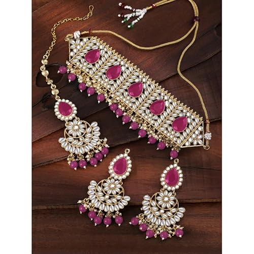 Aheli Bridal Kundan Faux Pearl Choker Necklace With Earrings Maang Tikka For Women Girls Indian Traditional Bollywood Fashion Jewelry Set #TOP1