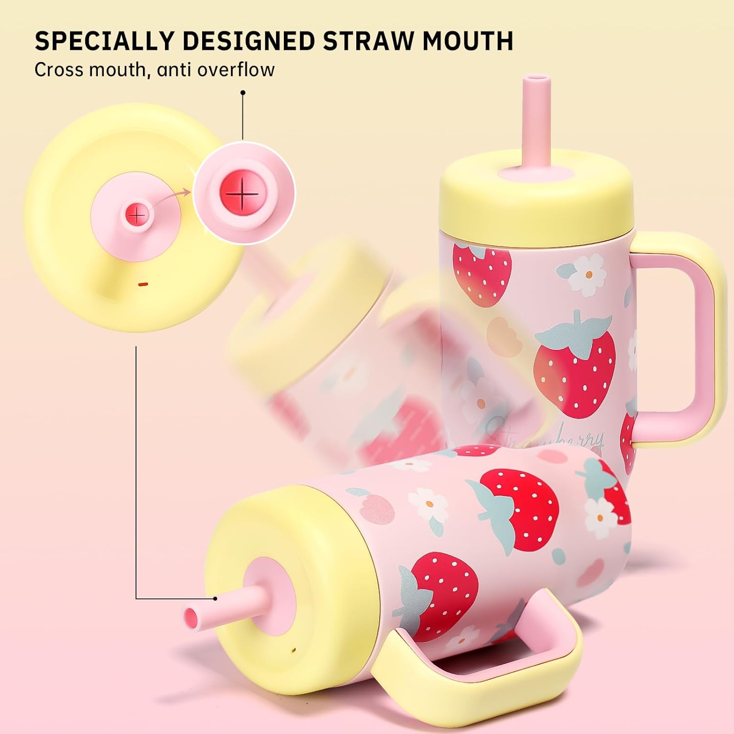 Stainless Steel Tumbler with Straw, Tumbler with Leak Proof, Reusable Double Walled Water Bottle, Thermo Coffee Travel Mug (Strawberry, 540ml) - Image 2