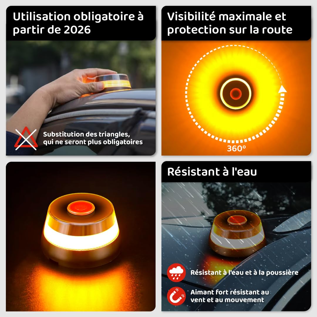 Gyrophare LED V16 Homologué DGT Espagne Balise Voiture Secours Géolocalisation Connexion Jusqu'en 2038 Base Magnétique Étanche IP54