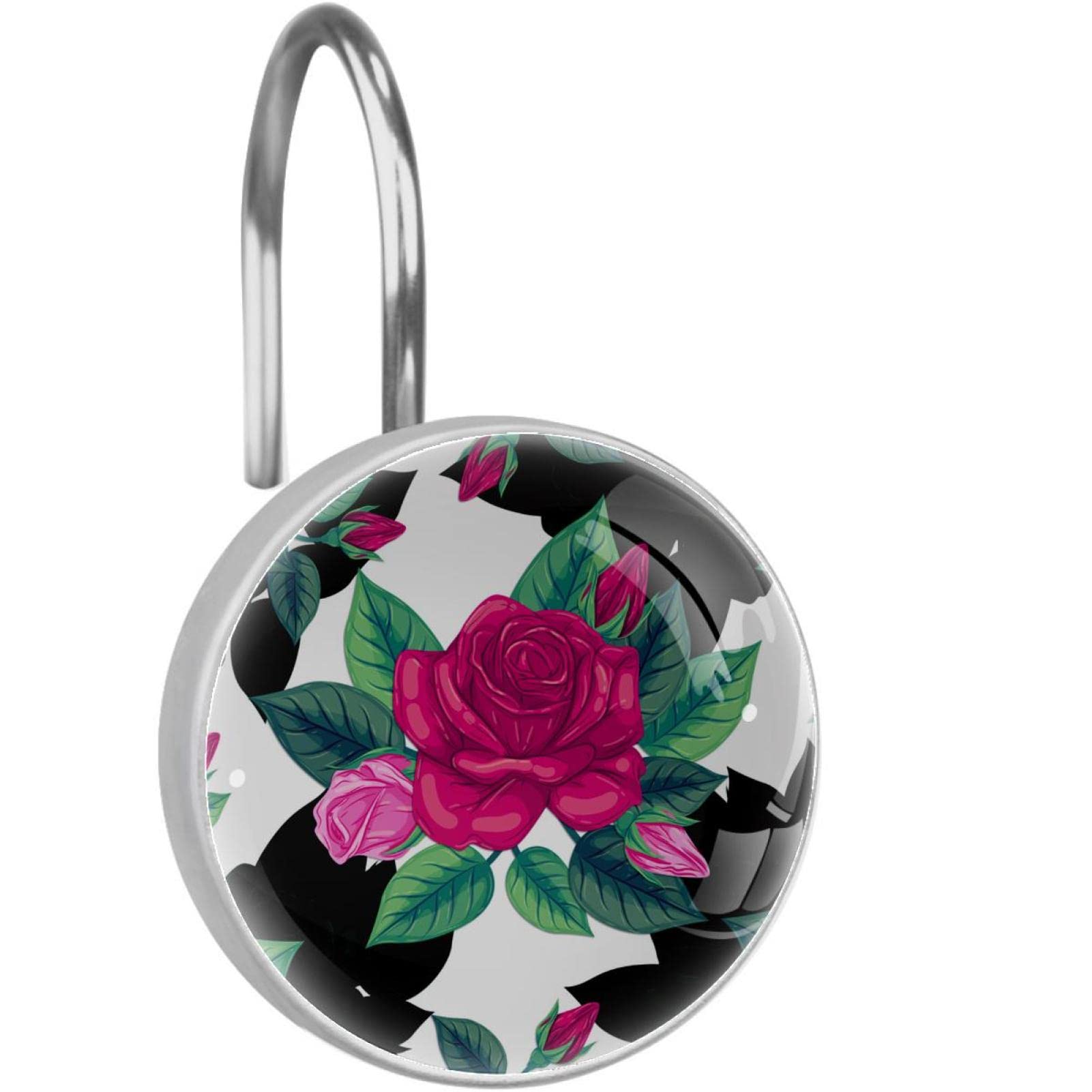 Anneaux de rideau de douche à motif floral rose (lot de 12) pour tringle