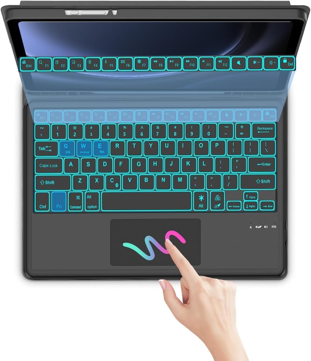 KVAGO Keyboard Case for Samsung Galaxy Tab S10+/S9 FE+ / S9 FE Plus/ S9+ 12.4 inch, Smart Touchpad, 7 Colors Backlit, Detachable Folio Keyboard Cover with S Pen Holder, Black
