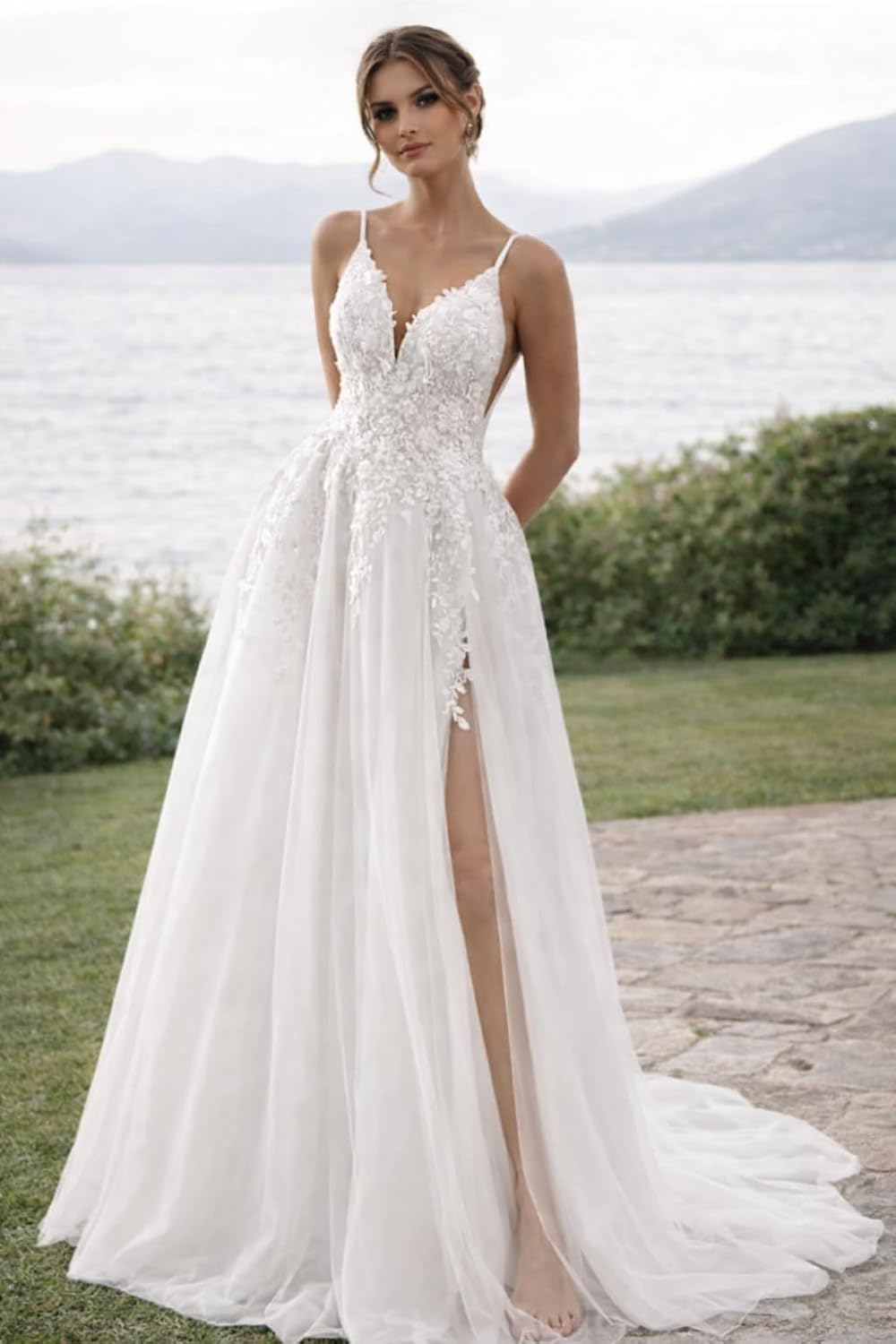 Women's Satin Wedding Dress for Bride 2026 Sleeveless Off Shoulder V-Neck Beach Wedding Bridal Gowns WS001