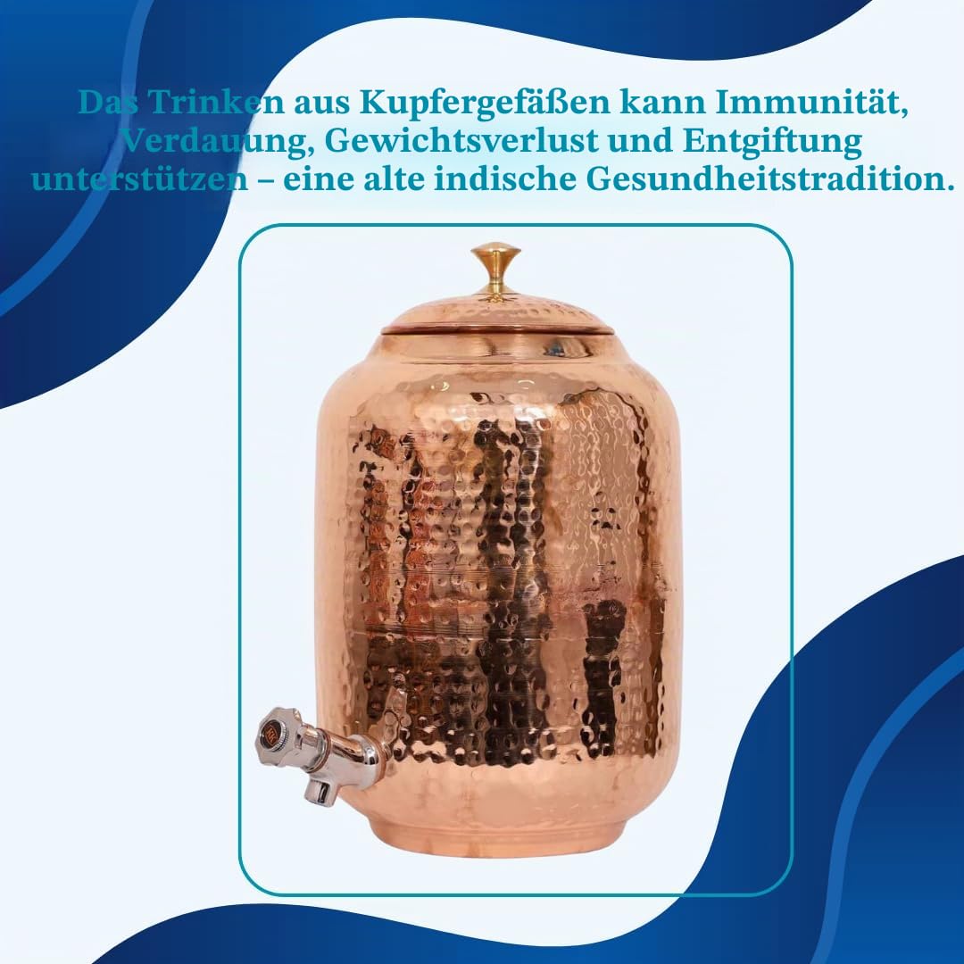 Trinkgeschirr-Wasserspender aus reinem Kupfer, 8 l, gehämmerte Oberfläche, Ayurveda-Gesundheitsheilung, 8 Liter Fassungsvermögen, Wasserbehälter mit 2 passenden Gläsern und 1 Kupferflasche