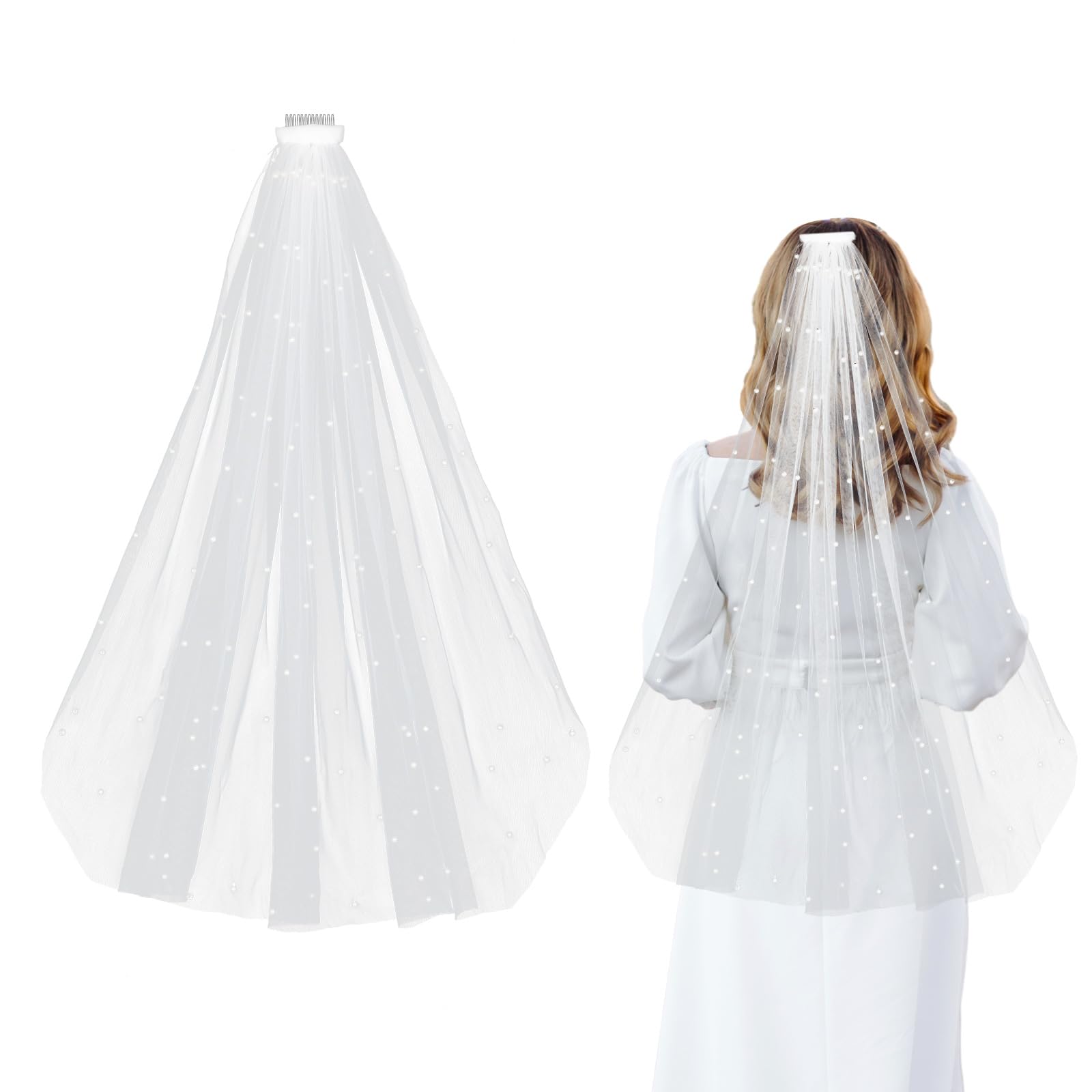 DIVINA VITAE Boda Nupcial Velo Blanco Velo de Perlas Brillantes con Peine Velo Nupcial de Tul 1 Nivel Velo de Novia Largo Diadema Velo Catedral Despedida de Soltera con Purpurina Velo de Novia