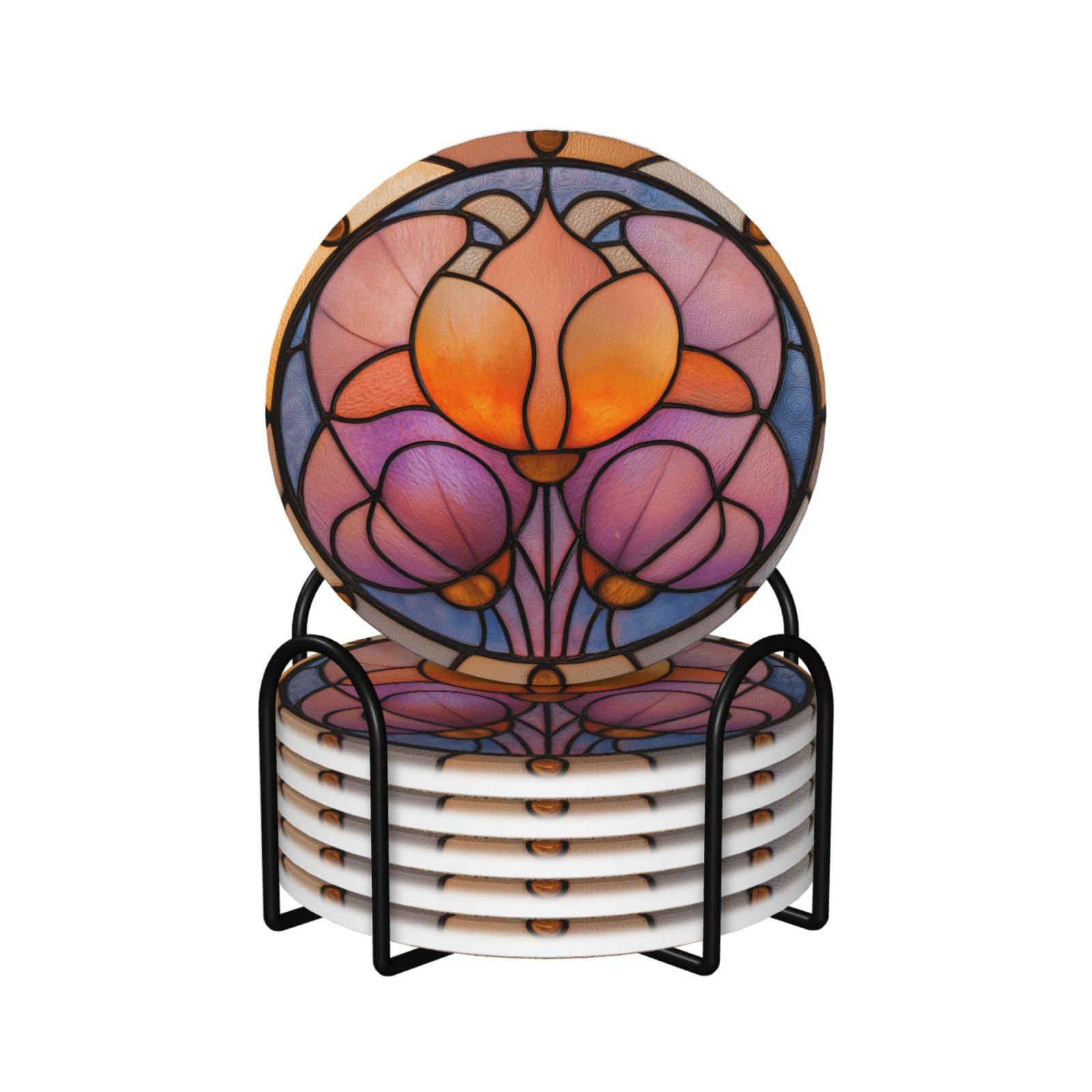 Abstract Stained Glass Florals Pink Ceramic Coasters with Holder 6ps